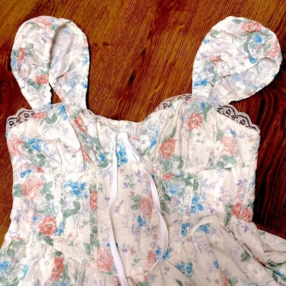 🎀 Blue & Pink Floral Babydoll Dress w/ White Floral Embroidery Overlay 🎀 NWT - Picture 7 of 11